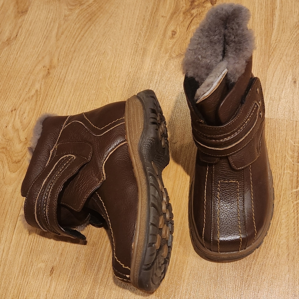 Warm Brown Real Genuine Leather Kids Boots w/ Real Fur/shirling Lining Sz1 8"New